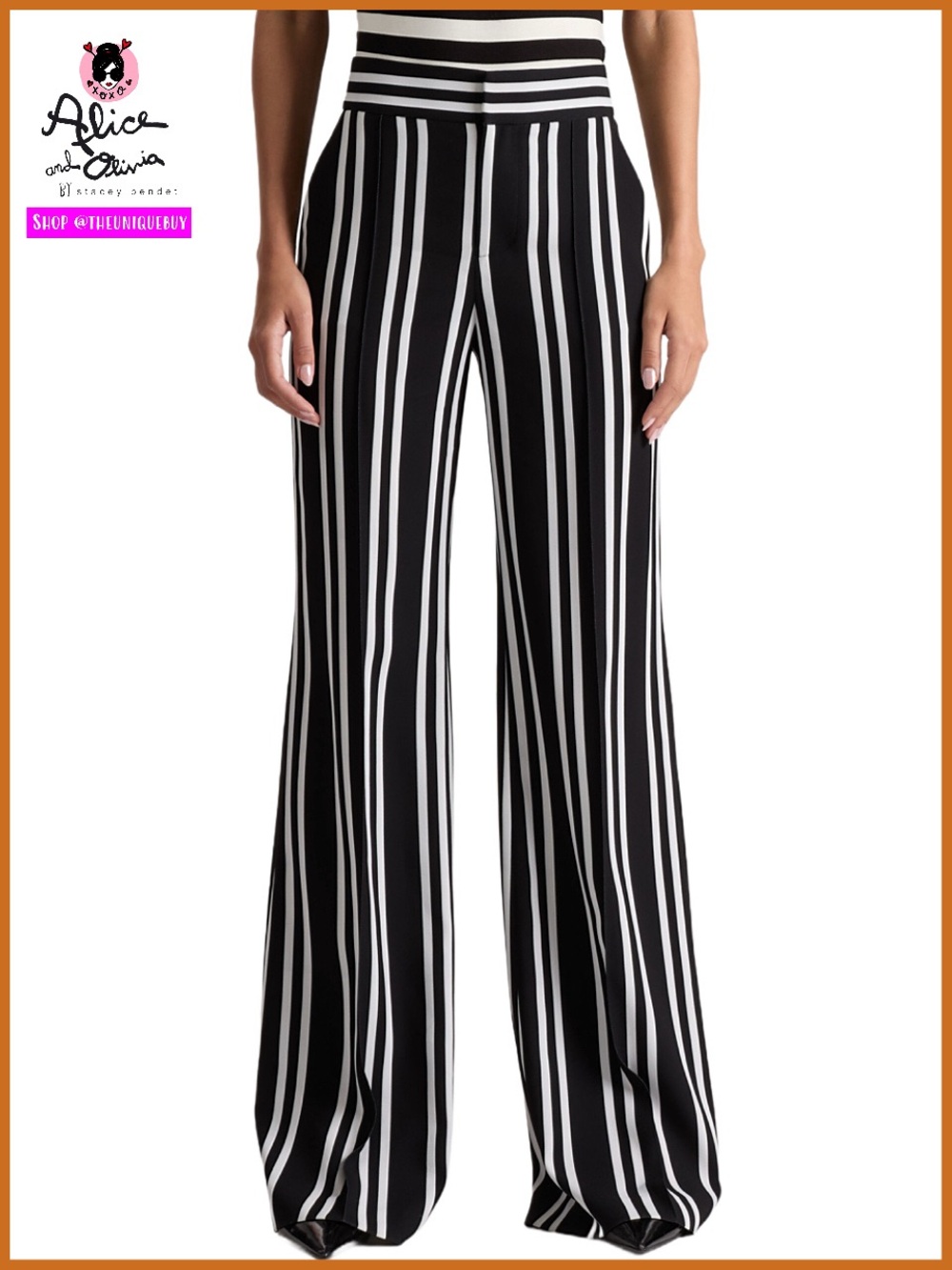 Alice + Olivia Dylan Black Off White Striped Wide Leg Pants